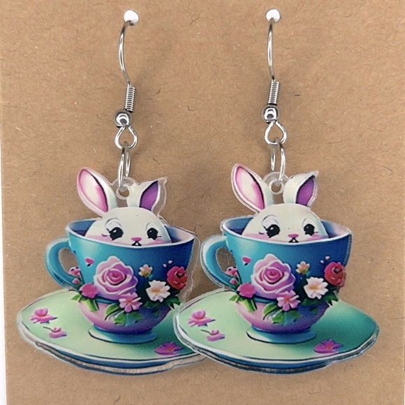 Fashion Jewelry Jewelry - Tea Cup With Easter Bunny Inside Earrings 2D Acrylic Cartoon Fashion Jewelry